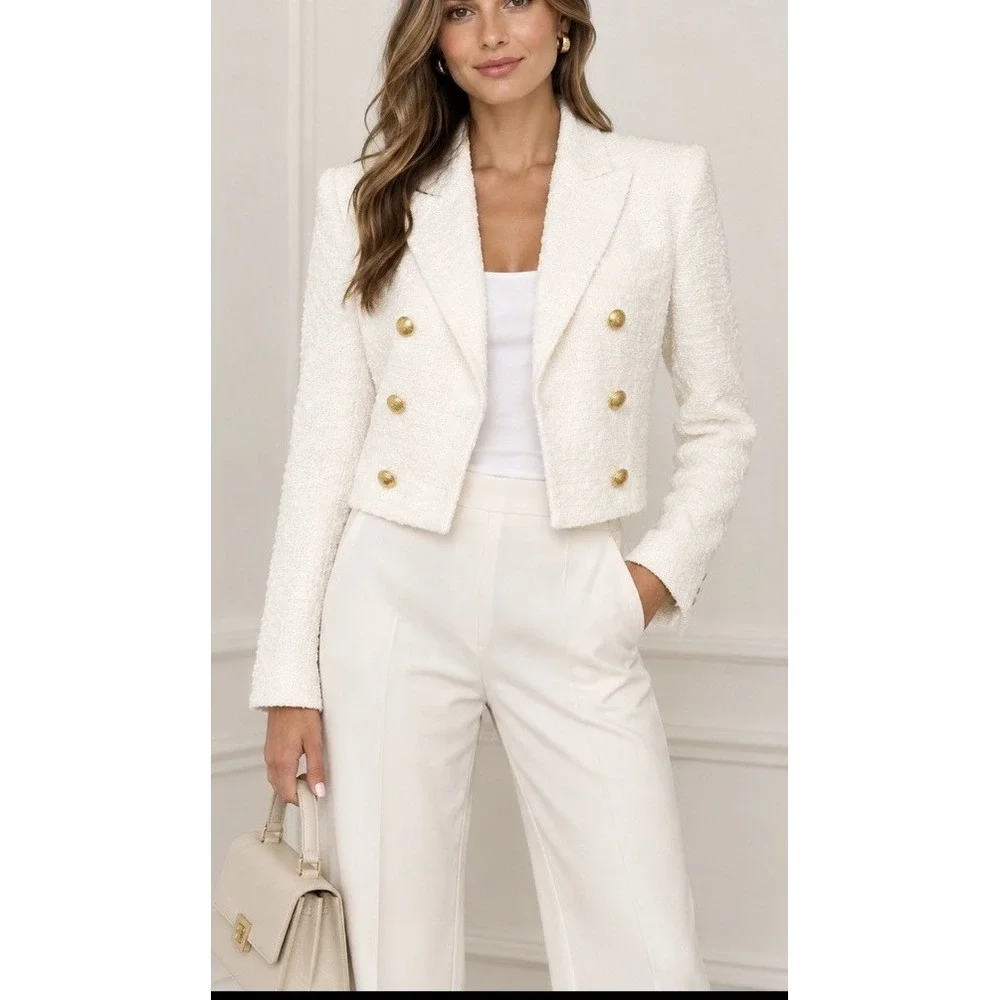 House Of Harlow Women's White Textured Blazer Gold Buttom Cropped Sz S